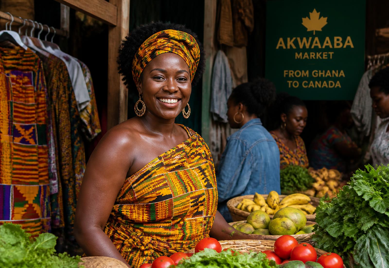 Ghanaian market vendor in kente cloth at an Akwaaba stall in Canada